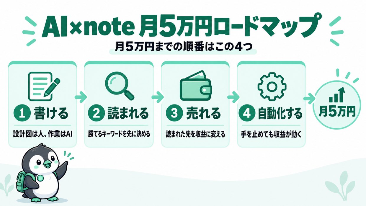 AI×note 月5万円ロードマップの図。書ける、読まれる、売れる、自動化するの4フェーズを順に進むと月5万円に届く